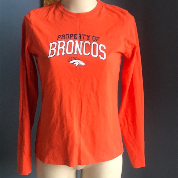 Denver Broncos orange long sleeves pull over t-shirt size S NFL glittery logo - Picture 1 of 12